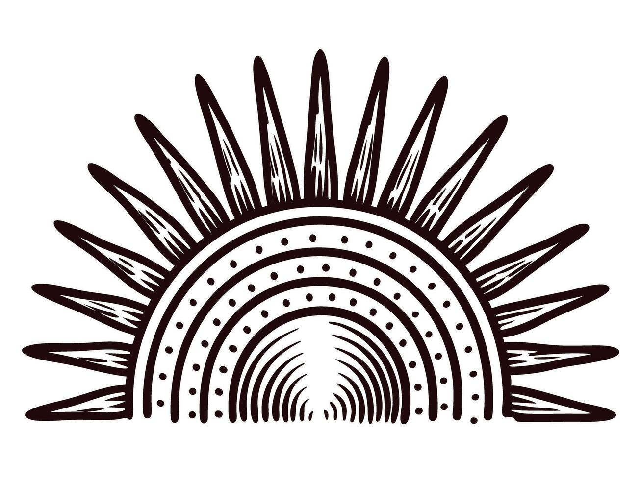 Artistic black and white tribal sun design with radiating patterned rays vector