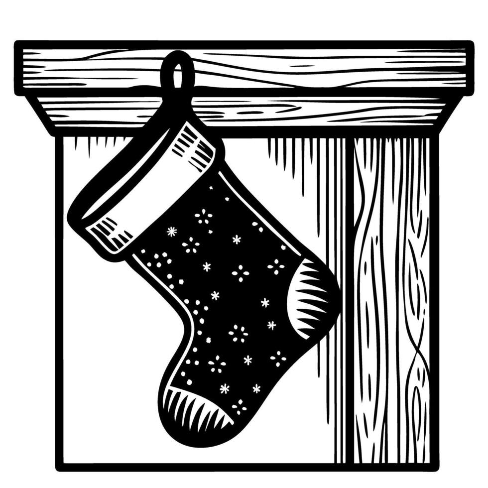 Christmas stocking hanging from mantel with festive snowflake design in black and white vector
