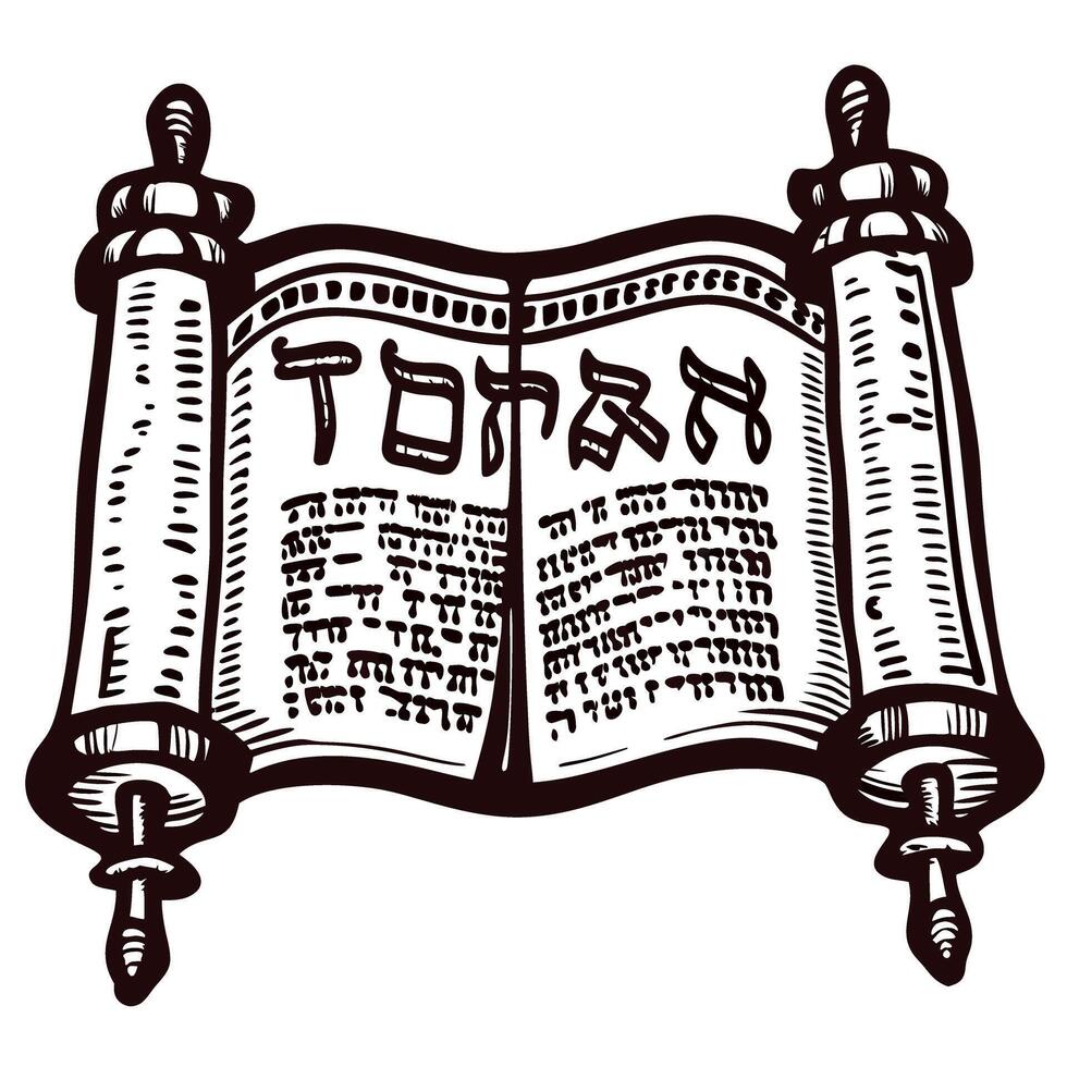 Ancient torah scroll with hebrew script and ornate wooden handles for cultural and religious study vector