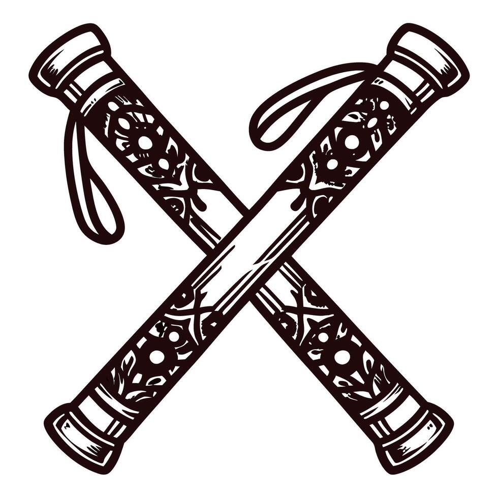 Decorative wooden nunchucks with intricate carvings in a crossed arrangement vector