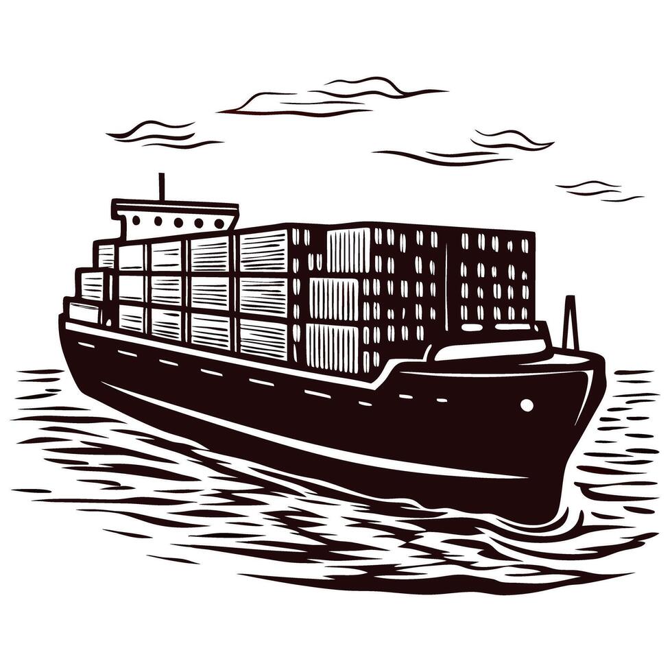 Cargo ship navigating ocean waters under cloudy skies vector
