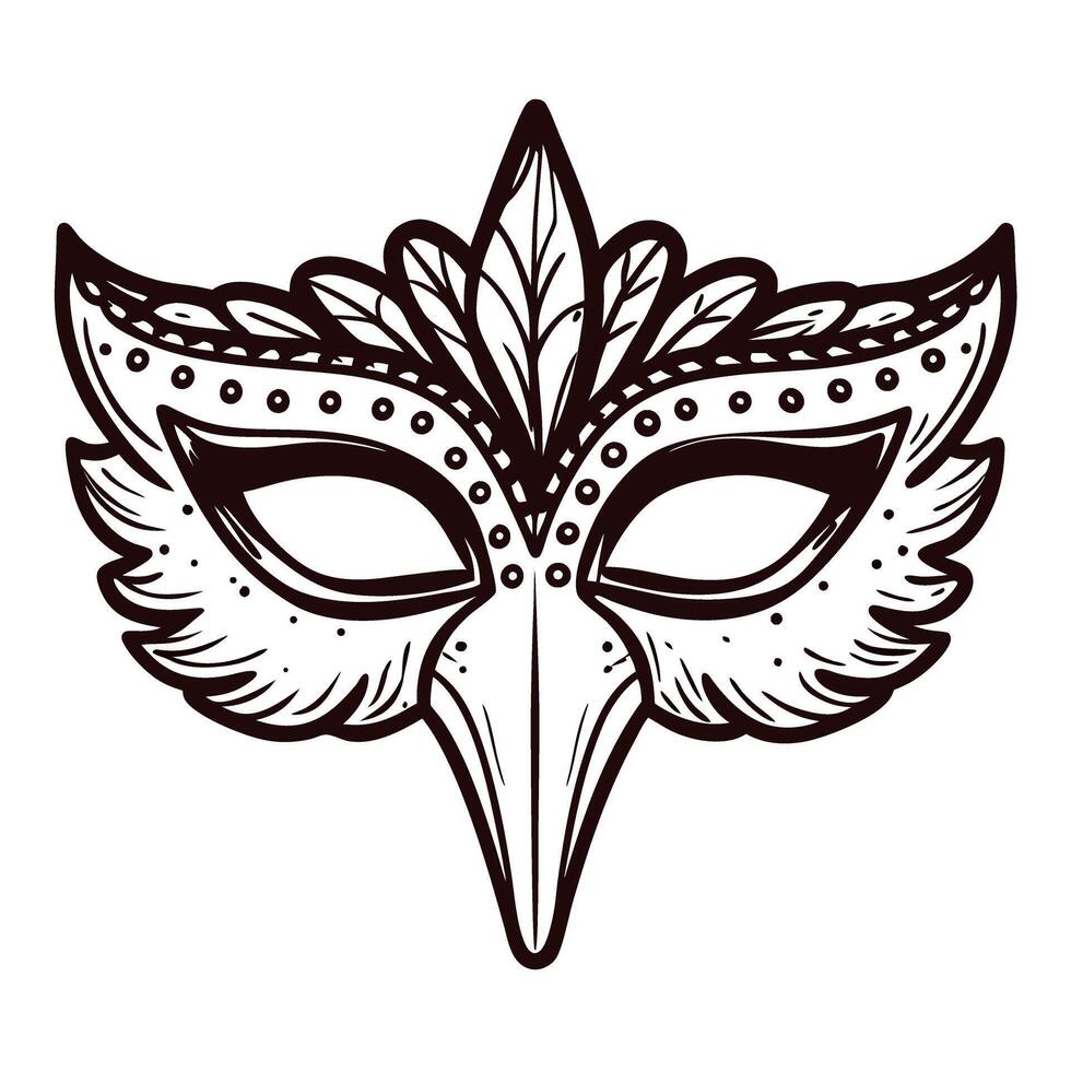 Elegant masquerade mask with feather and bead details in black and white line art vector