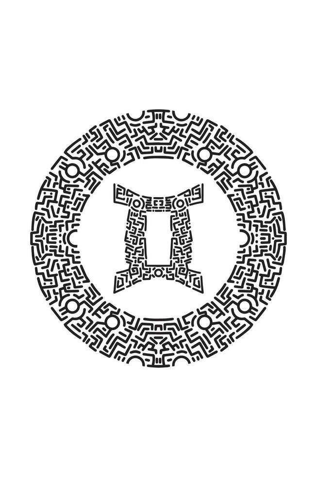 A black and white drawing of a circular design vector