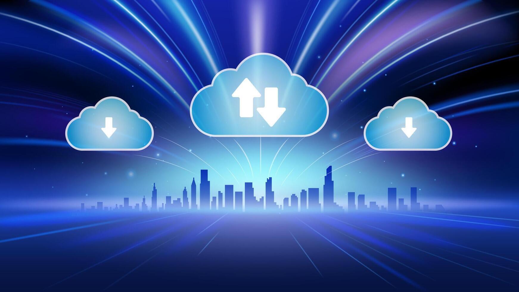 Abstract Futuristic cloud computing background with light rays and a cityscape, technology concepts. vector