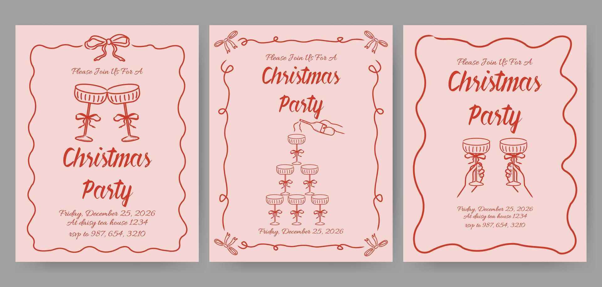 Christmas dinner party invitation card with hand drawn coquette frame and glasses vector
