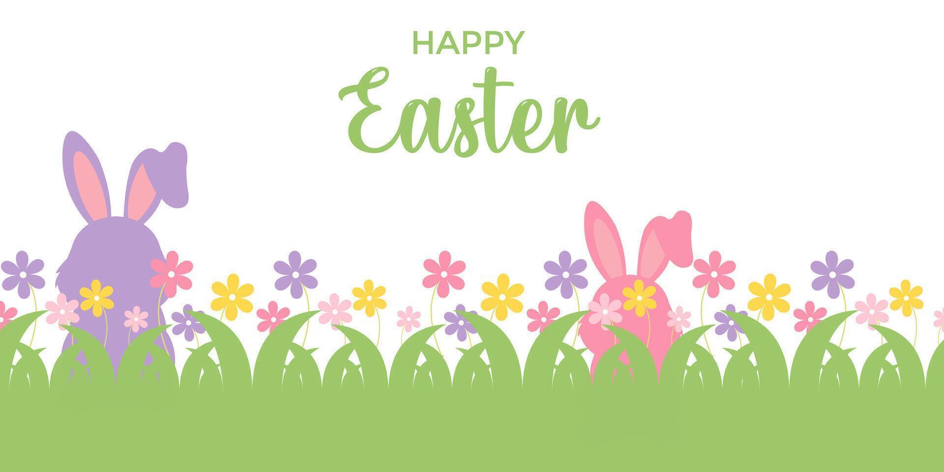 Happy Easter day banner with grass, flowers and bunny vector