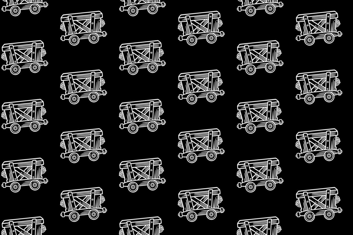 classic minecart train doodle seamless pattern on black background for miner, explorer, adventure old trolley cart engraving pattern background. retro mine trolley hatching illustration wallpaper vector