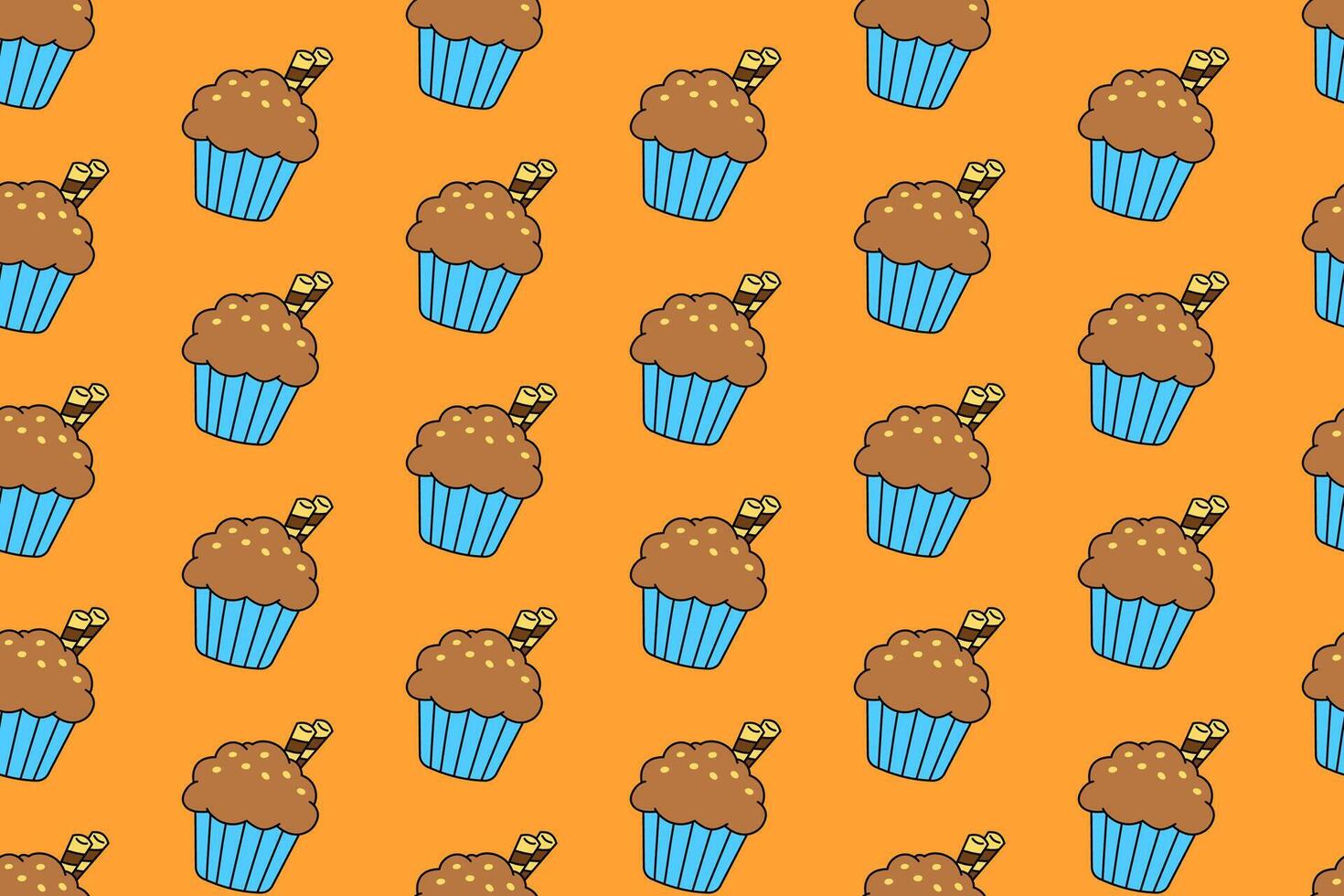 cupcake with chocolate, sparkle, wafer stick illustration colorful pattern on yellow background. sweet muffin tasty dessert doodle seamless pattern wallpaper for bakery and pastry merchandise vector