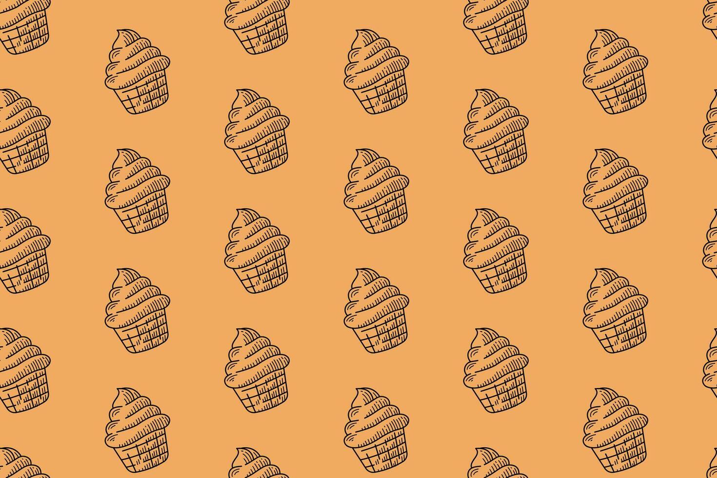 tasty cupcake with swirl dough line art seamless pattern on tan background. cupcake with swirly engraving pattern background. retro muffin sweet desert hatching wallpaper for bakery merchandise vector