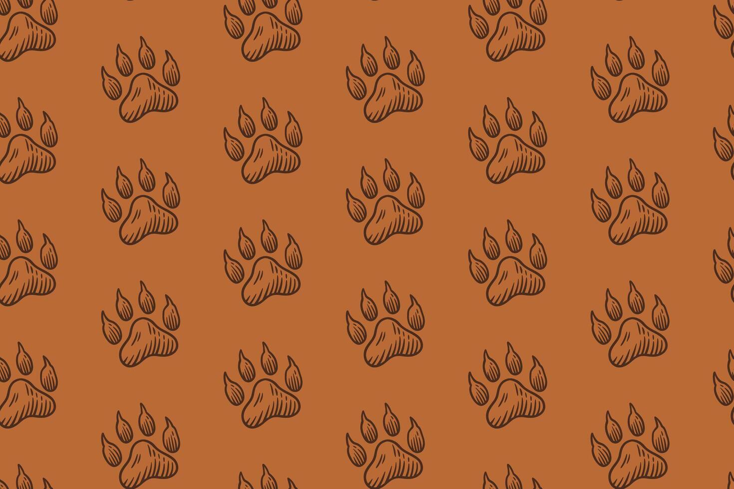 tiger footprint doodle seamless pattern on tan background for adventure merchandise. outdoor lion footstep engraving pattern background for hunting. retro tiger tracks hatching illustration wallpaper vector