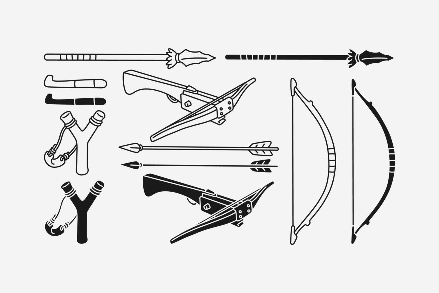 hunting weapon with spear and thrower, crossbow, slingshot, arrow and bow outline, line art, filled, glyph style icon symbol element designs set for adventure, outdoor, explorer, camping, picnic vector