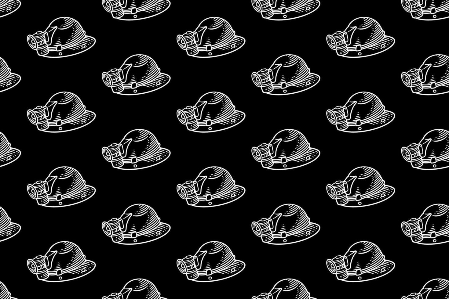 old safety helmet with lamp doodle seamless pattern on black background for miner, explorer, adventure mining helmet engraving pattern background. classic helmet with flashlight illustration wallpaper vector