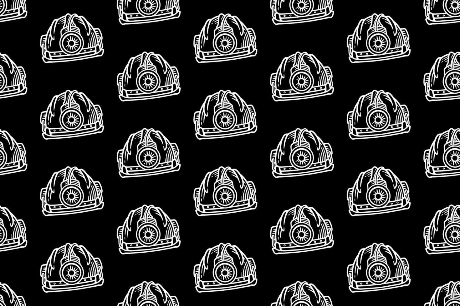 safety helmet with lamp doodle seamless pattern on black background for miner, explorer, adventure mining helmet engraving pattern background. retro helmet with flashlight illustration wallpaper vector