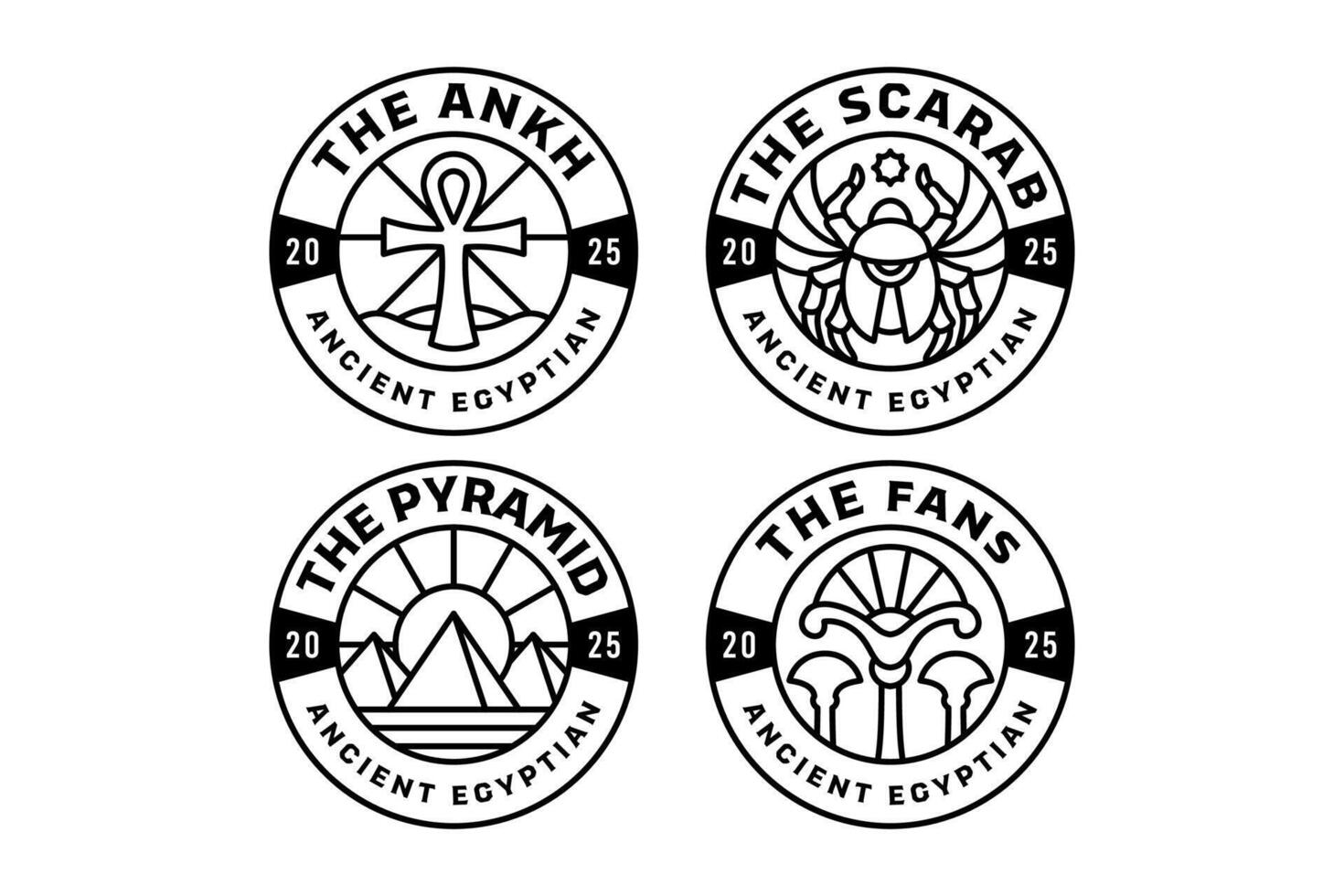 scarab beetle bug, ankh symbol, pyramid, pharaoh fan, sunburst, sun, desert outline modern illustration badge logo design set for ancient egyptian, historian, archaeologist, museum, researcher vector