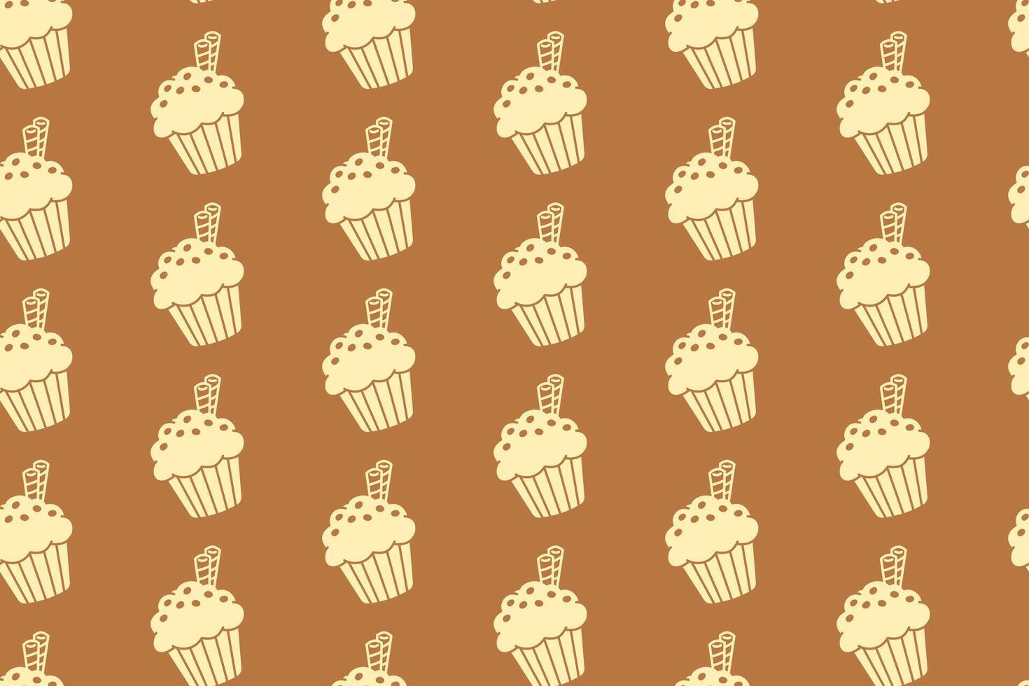 cupcake with sparkle and wafer stick silhouette seamless pattern on tan background. tasty cupcake with swirly vintage pattern background. retro muffin desert symbol wallpaper for bakery merchandise vector
