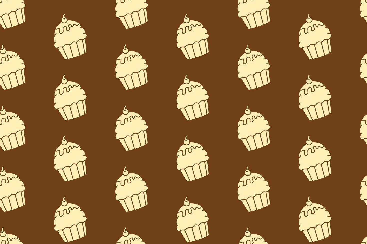 sweet cupcake with cherry and melted topping silhouette seamless pattern on brown background. tasty cupcake with swirly vintage pattern background. retro muffin desert symbol wallpaper for merchandise vector