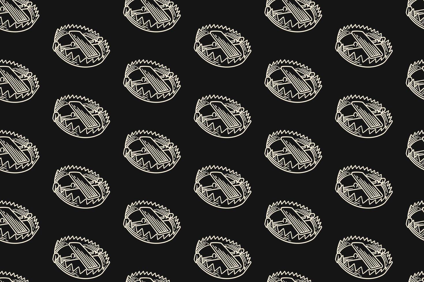 cogged animal trap doodle seamless pattern on black background for hunting merchandise. cruel animal trap engraving pattern background for adventure. rustic animal trap hatching illustration wallpaper vector