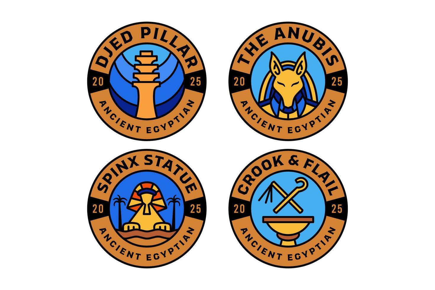 anubis head, sphinx statue, djed pillar, crook and flail crossed colorful modern illustration badge logo design set for ancient egyptian, historian, archaeologist, museum, researcher vector