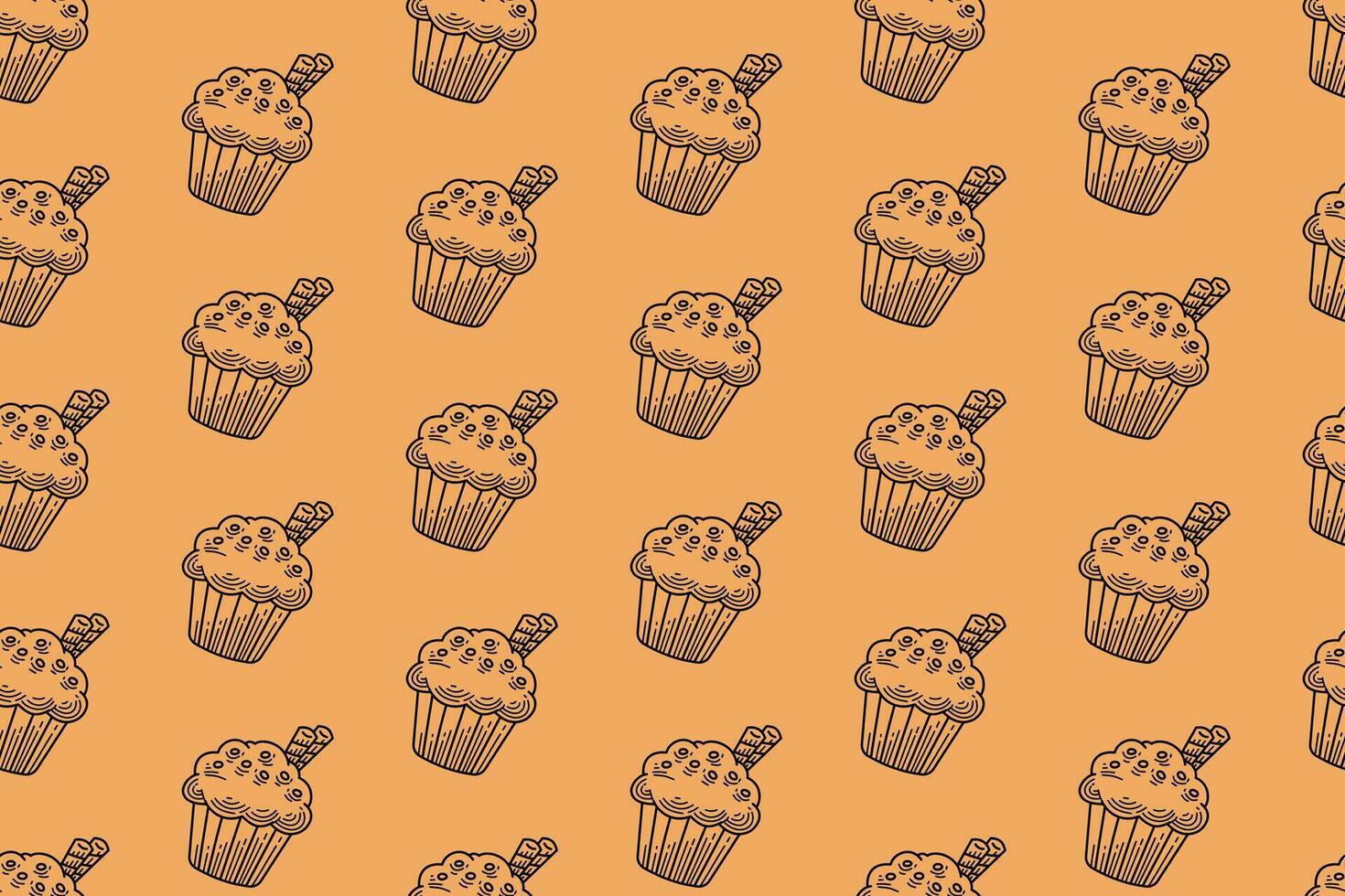 cupcake with sparkle and wafer stick line art seamless pattern on tan background. tasty cupcake cake engraving pattern background. retro muffin sweet desert hatching wallpaper for bakery merchandise vector