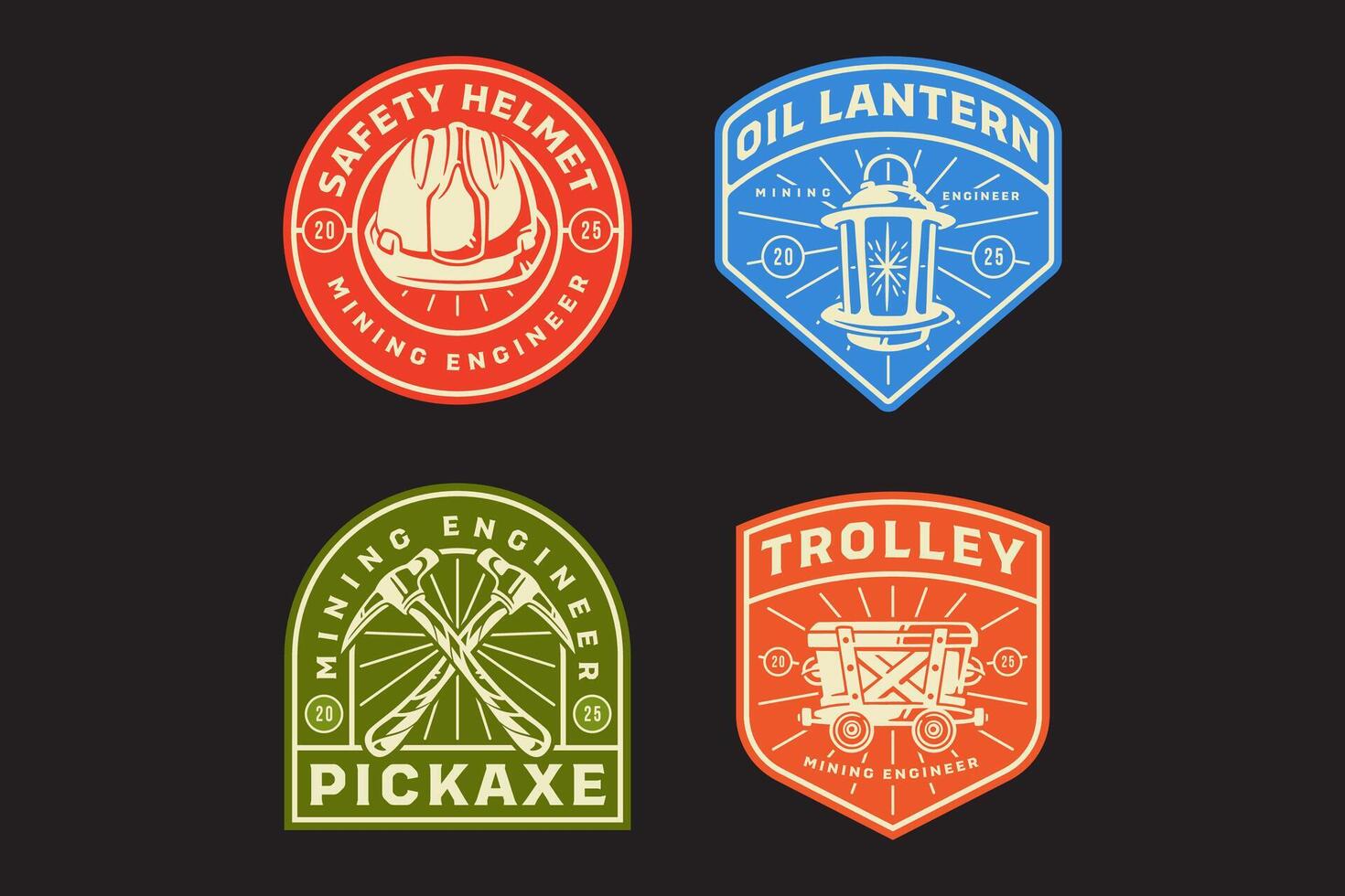 safety helmet, oil lantern, pole pickaxe, gas lamp, miner trolley, minecart, pick mining tool retro badge logo design collection set for miner, engineer, industry, adventure vector