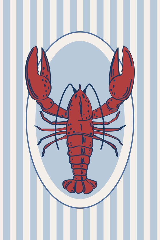 Doodle style poster. Illustration of appetizing lobster on striped background. Sketch of poster, poster, invitation in retro style. vector
