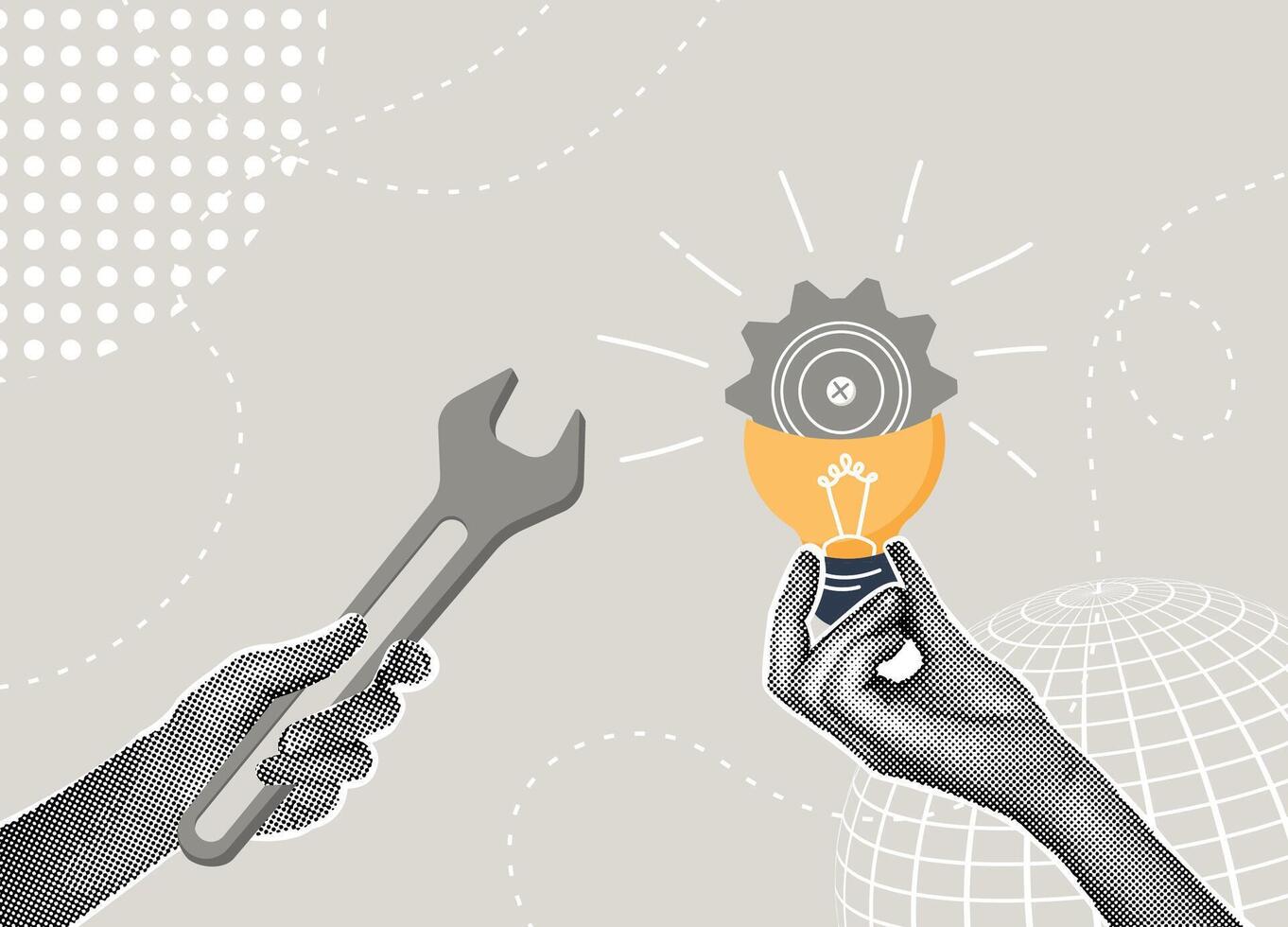 Trendy halftone collage. Hands holding a light bulb with a gear and a wrench.Concept product development,business problem solving,efficiency concept vector