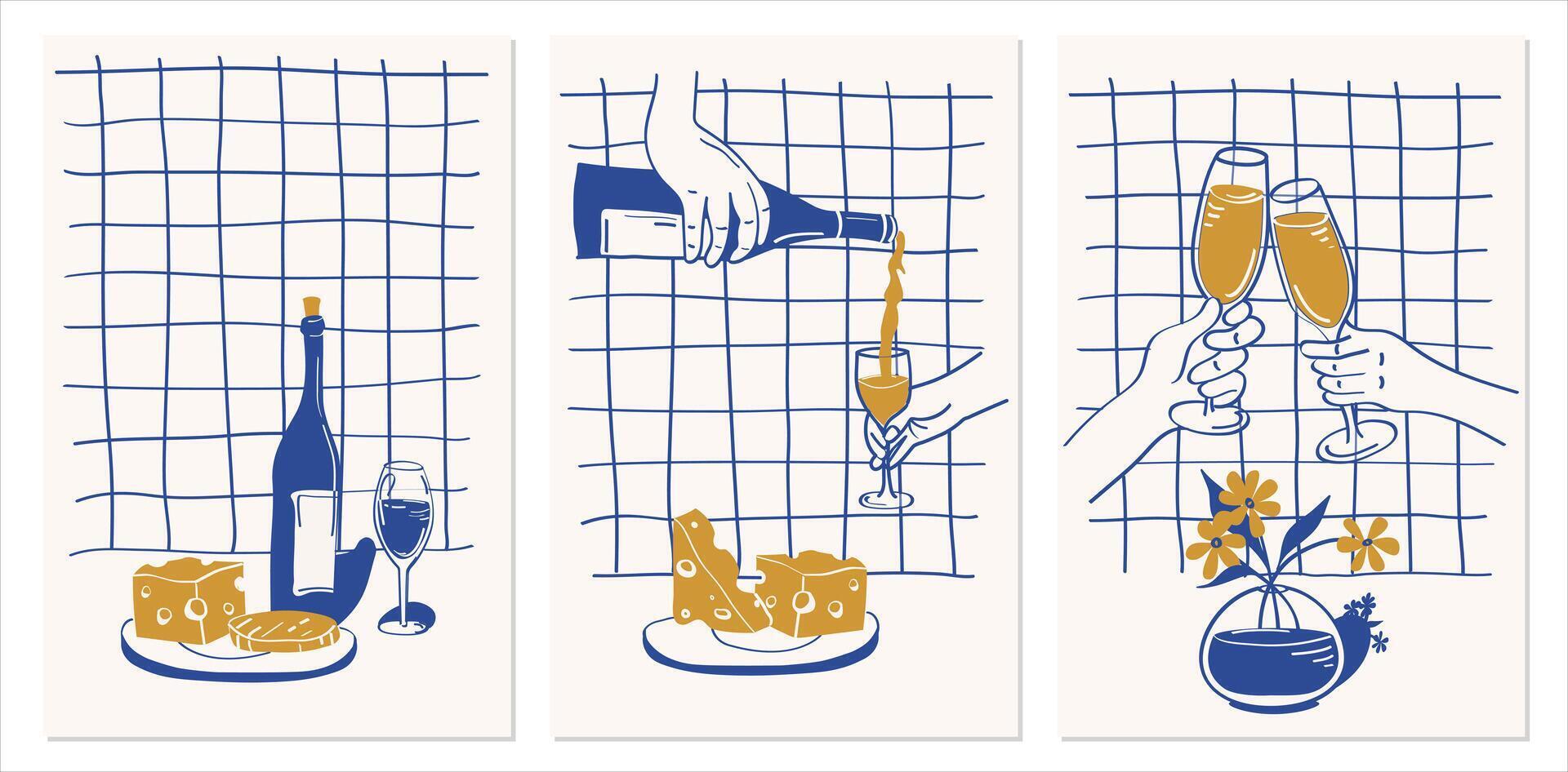 Set of hand drawn sketches.Illustration of wine and cheese celebration. Vintage poster, card, invitation. Festive mood and party. vector