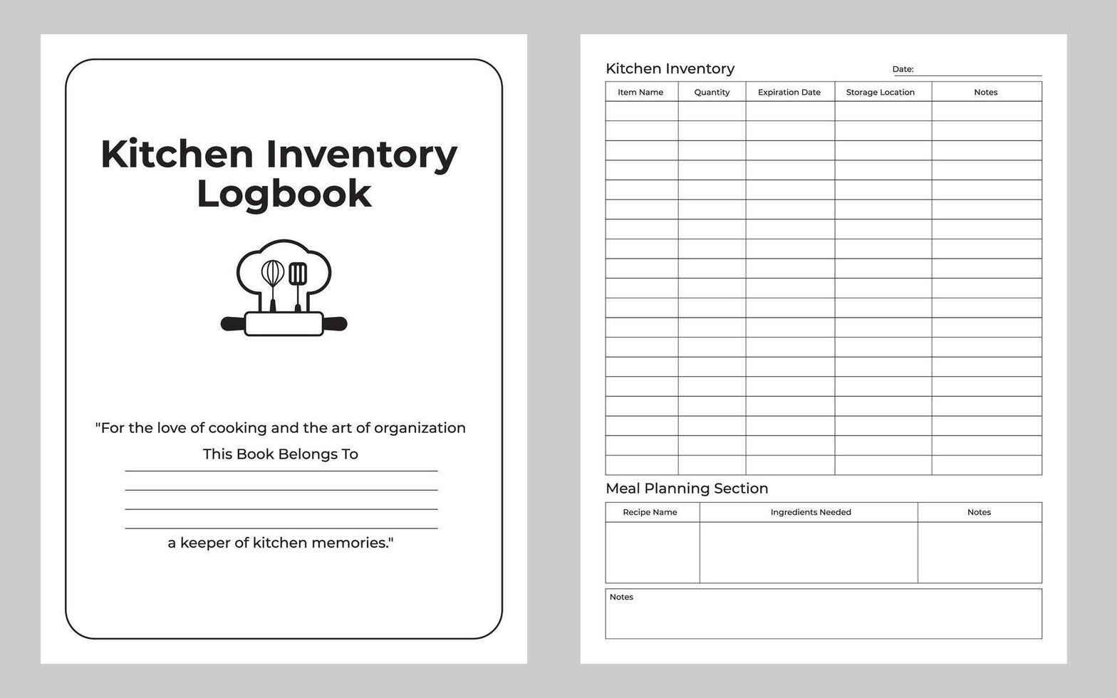 Kitchen Inventory Logbook or notebook Template vector