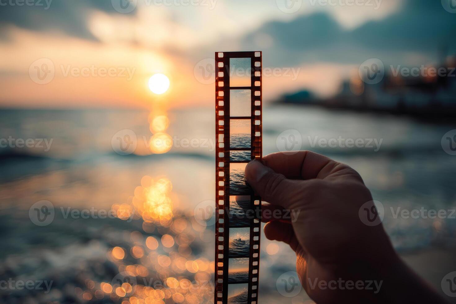 Close-up of hand holding vintage film strip in front of sunset over sea photo