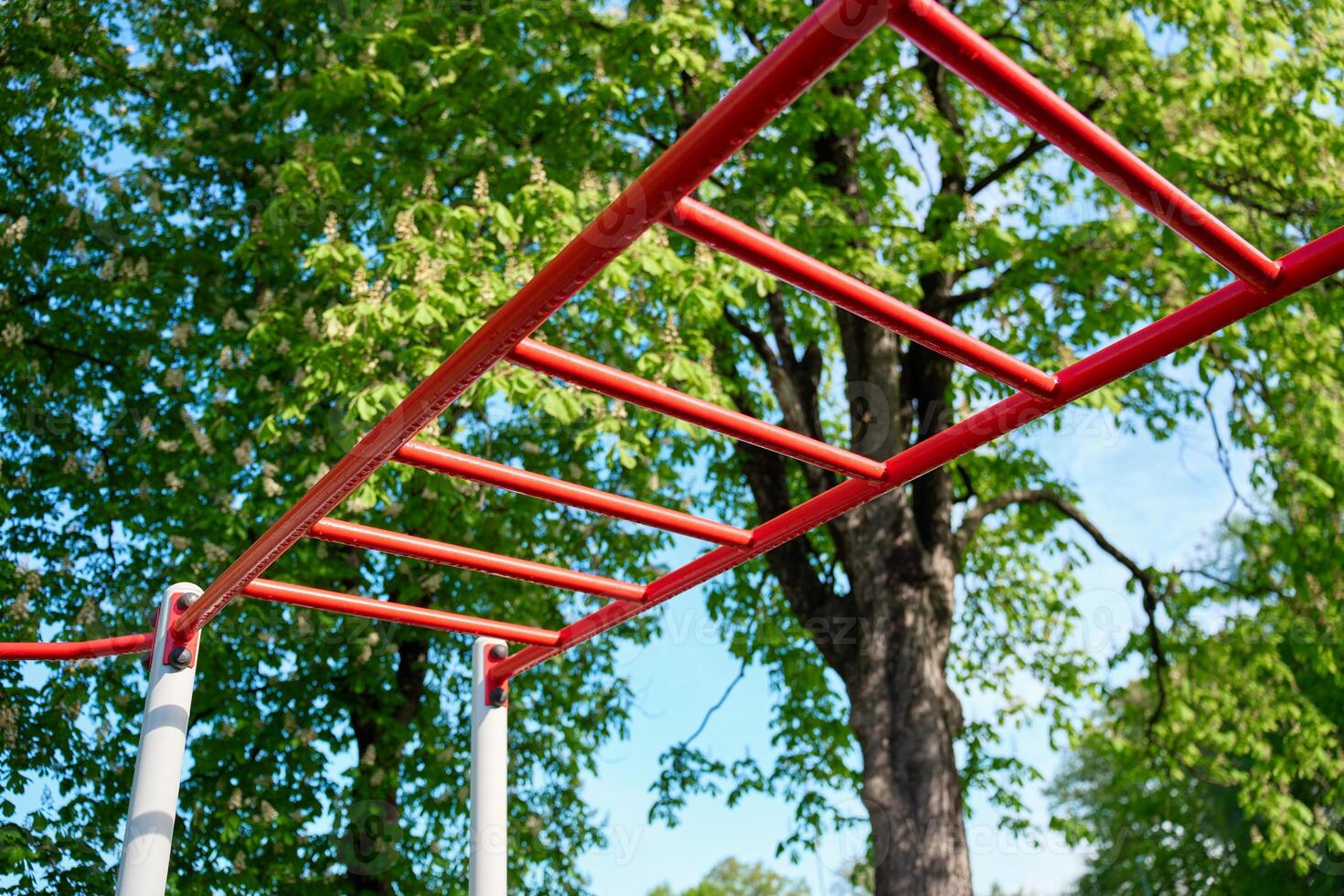 Red outdoor monkey bars in park with green trees photo