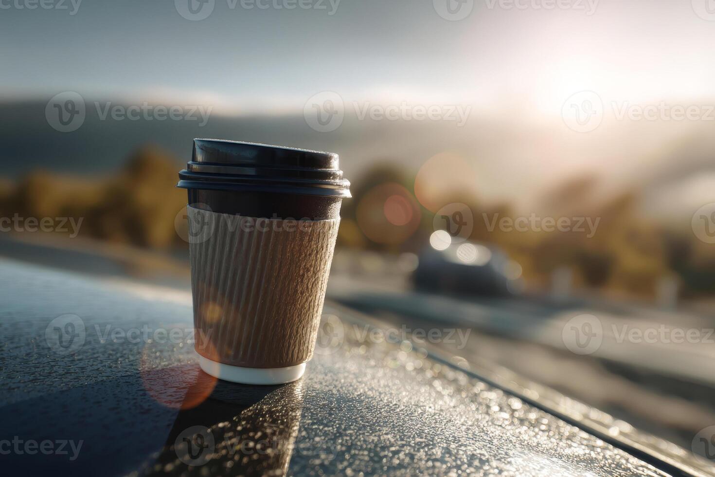 Coffee cup on car hood with scenic road in background photo