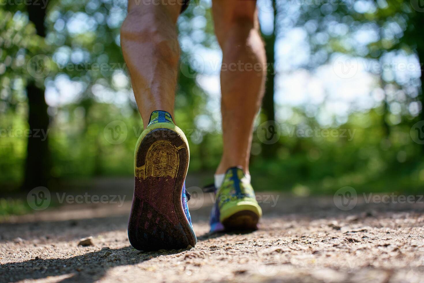 Runner shoes close-up on forest trail during outdoor workout photo
