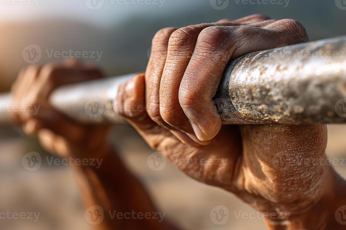 Close-up of male hands gripping horizontal pull-up bar during outdoor workout photo