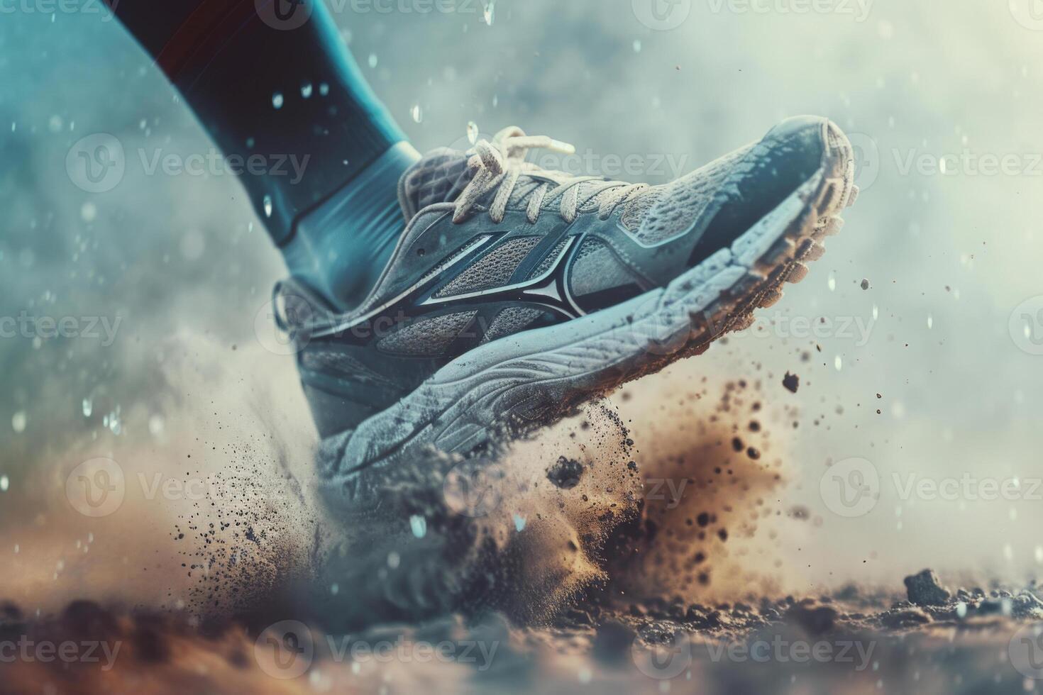 Close-up of trail runner foot wearing running shoes on dusty ground photo