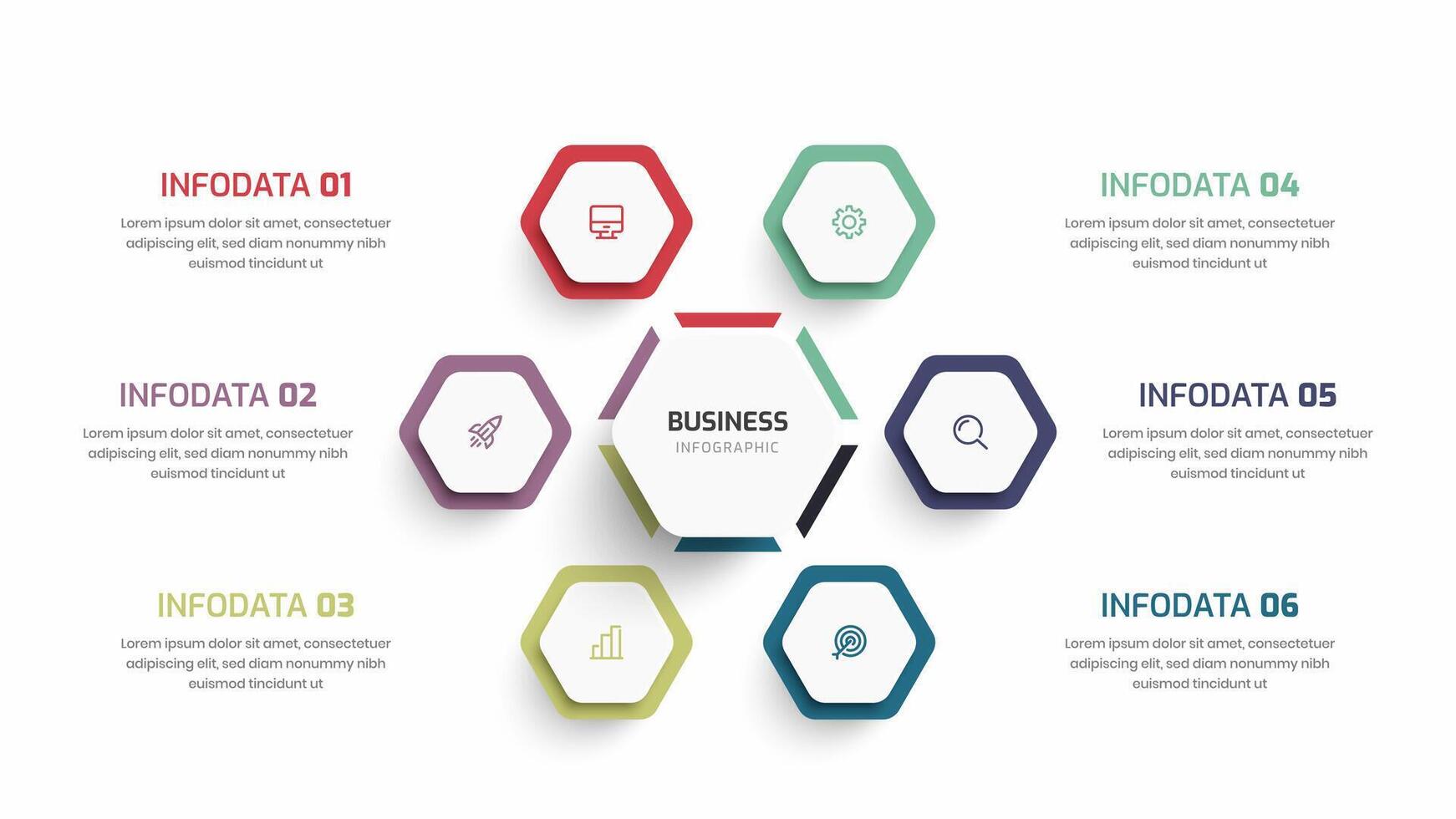 Business Central Hexagon Infographic Presentation with 6 Hexagon Label Number and Icon vector
