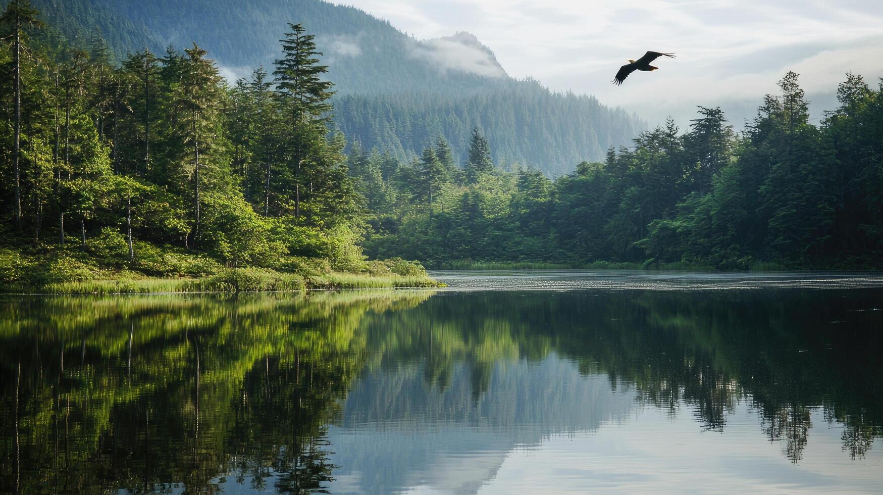 A bird flying over a lake surrounded by trees photo
