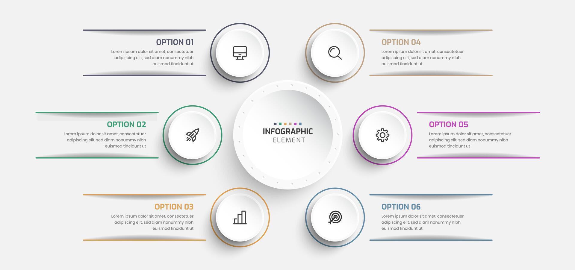 Simple Business Central Circle Infographic Presentation with 6 Circle Label Number and Icon vector