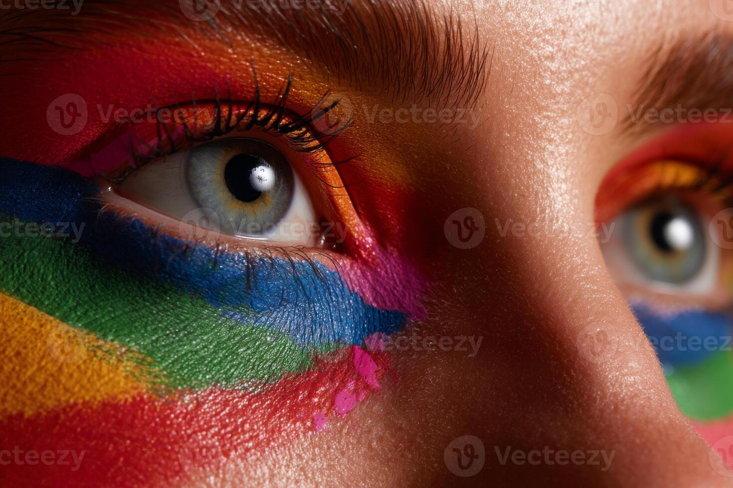 Close-up of eyes with vibrant colorful face paint and sparkles. LGBT pride makeup look with rainbow colors photo