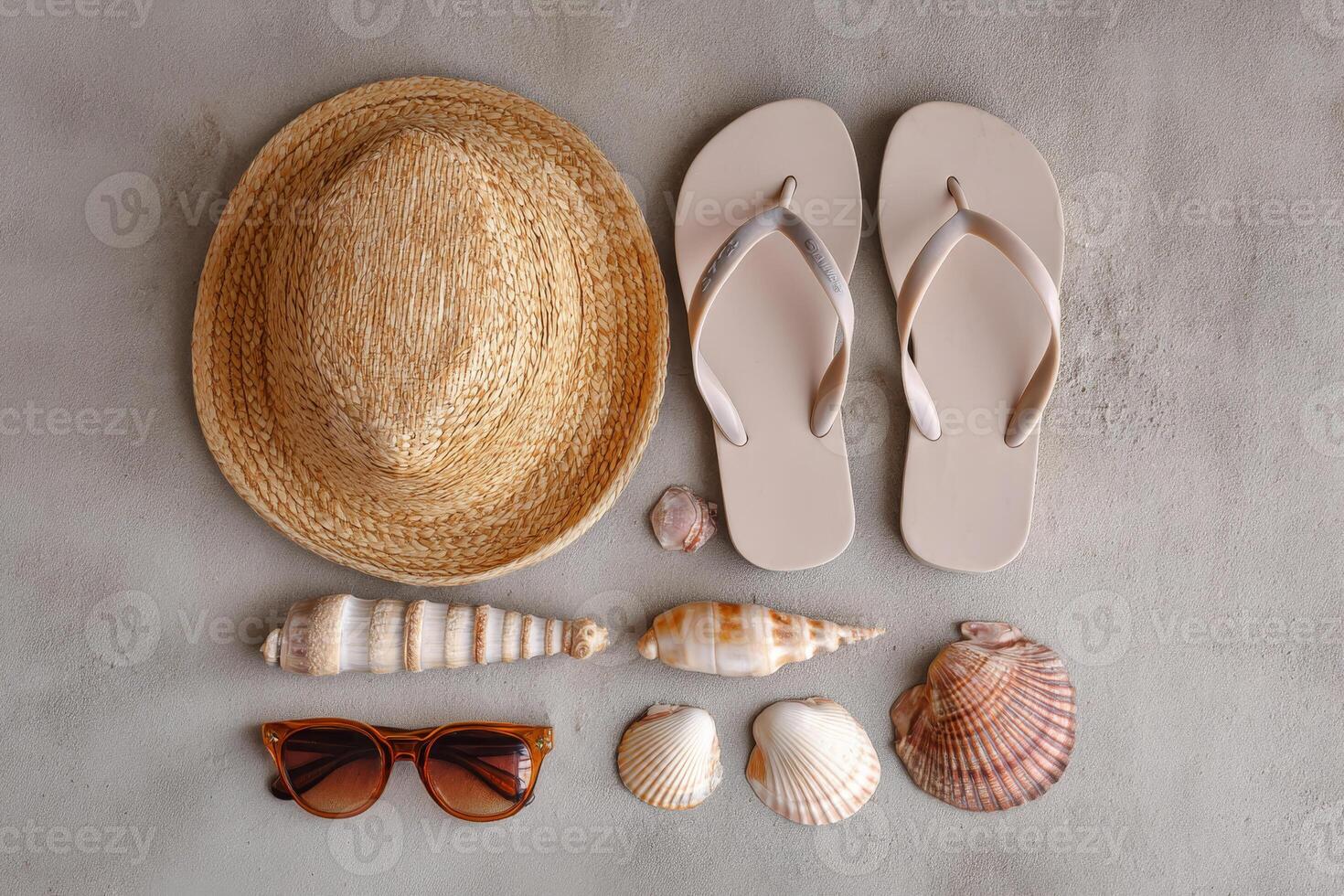 Flat lay of summer accessories with flip flops, straw hat, seashells and sunglasses photo