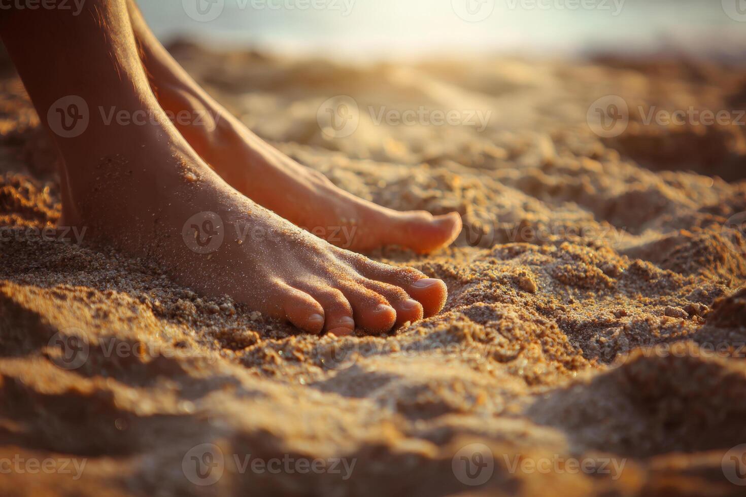 Close-up of bare feet walking across sand on sea beach. Summer vacation photo