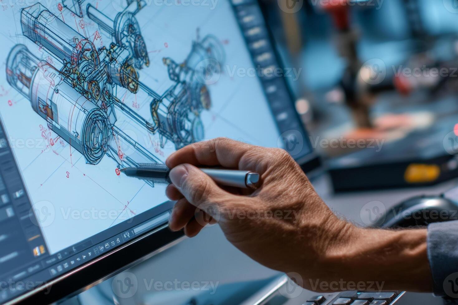 Hand drawing 3D engineering model on digital screen. CAD technology photo