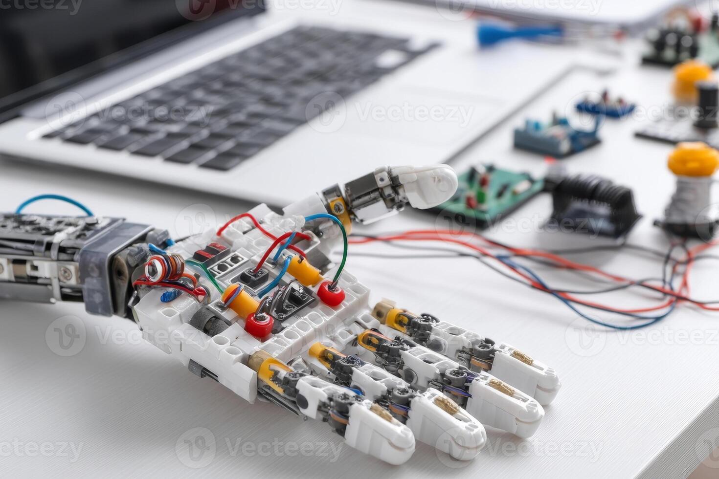 Mechanical robotic hand assembled from plastic components and wires on work desk at home photo