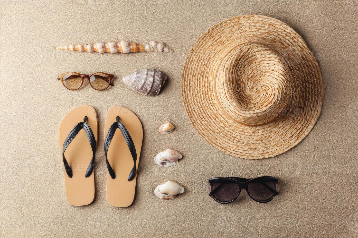 Flat lay of beach items including straw hat, sandals, sunglasses and shells on sand background photo