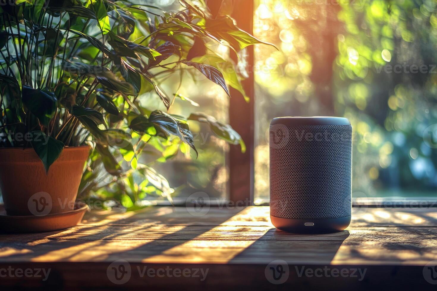 Wireless speaker on wooden table with morning sunlight photo