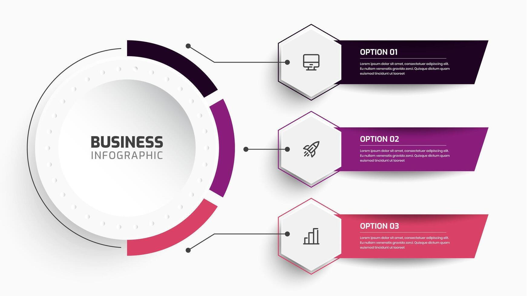 Business Central Circle Infographic Presentation with 3 Hexagon Label and Icon for Chart Workflow vector