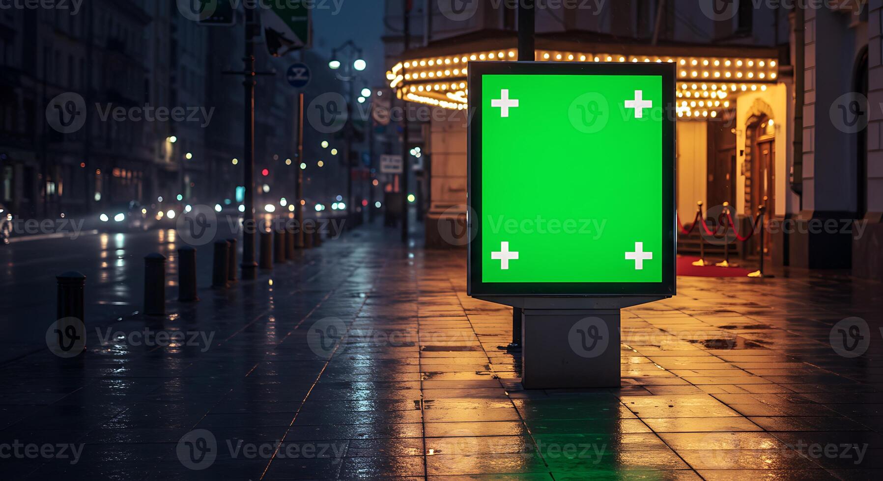 Green Screen Billboard on a Rainy Street photo