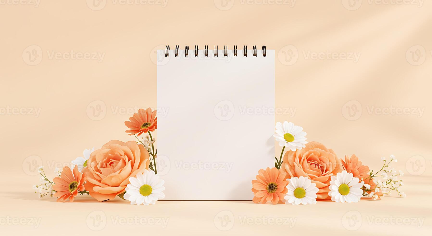 Blank Notepad Surrounded by Peach Roses and Daisies on a Beige Background photo