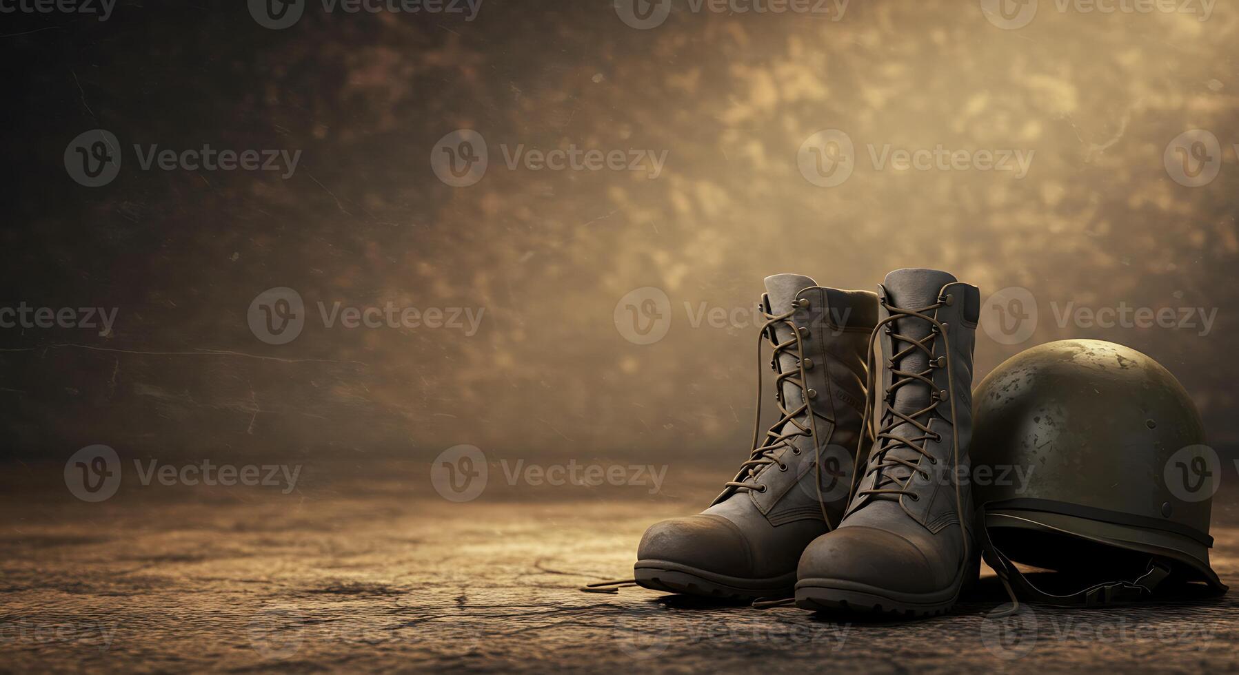 A solemn tribute. Military boots and helmet stand as symbols of service and sacrifice, quietly honoring the memories of those who served. photo