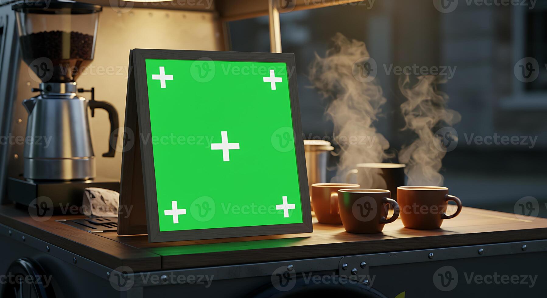 Coffee Cart Mockup. Steaming Cups and Green Screen Menu Board photo