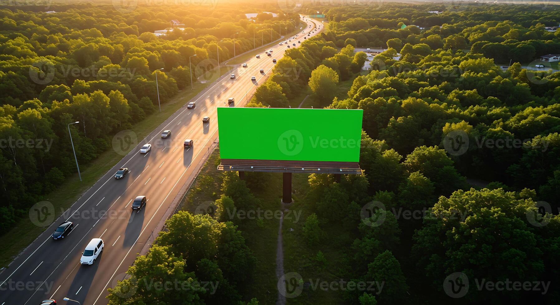 Green Billboard Aerial View. Highway Sunset Advertising photo